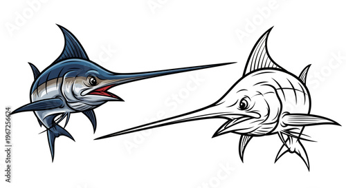 Two Marlin Fish Illustration Side Profile.