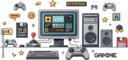 Retro Gaming Setup Illustration with Desktop Computer, Controllers, Joystick, Speakers and Pixel Art Elements for Video Game Design and Entertainment Themes