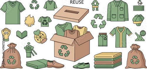 Clothing Reuse and Recycling Illustration Set with Sustainable Fashion, Donation Box, Eco Friendly Apparel and Circular Economy Concepts for Environmental Design