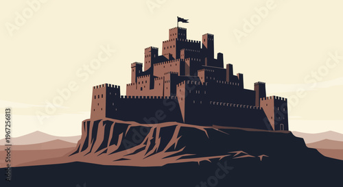 Ancient Fortress Castle with Battlements and Flag.