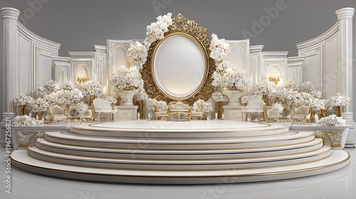 Luxury wedding stage with white flowers and gold decor