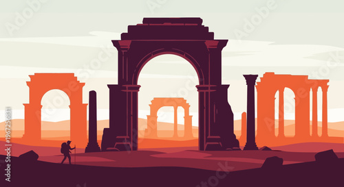 Ancient Ruins Archway Columns Silhouette Landscape.