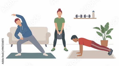 Home fitness illustration with diverse people doing various exercises.