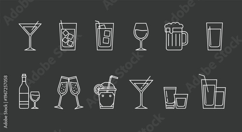 Minimalist Line Icons of Various Drinks Including Cocktails, Beer, Wine, and Soft Drinks for Bar and Restaurant Menus