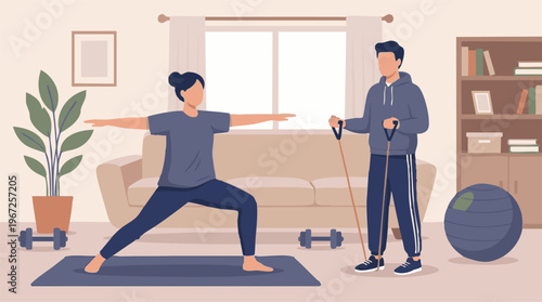 Home fitness with a couple exercising: yoga and resistance band workout.