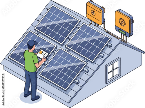 Isometric Illustration of Technician Installing Solar Panel System on Residential House Roof with Inverters for Renewable Energy