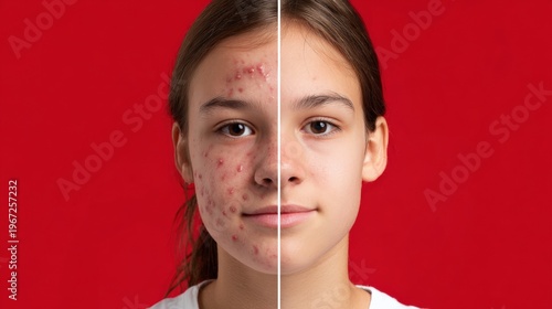 Young person with acne and clear skin contrast on red background