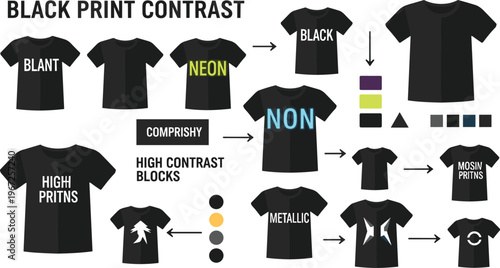 Black T Shirt Print Contrast Guide with Neon, Metallic, High Contrast Designs and Color Visibility Examples for Apparel Printing and Fashion Design