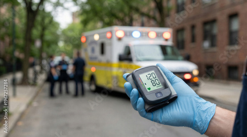 Wallpaper Mural Medical professional holding a blood pressure monitor with an ambulance and paramedics in the blurred background Torontodigital.ca