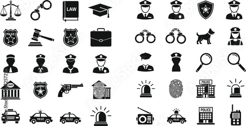 Police and Law Enforcement Icon Set Featuring Badges, Handcuffs, Vehicles, and Tools for Justice and Security