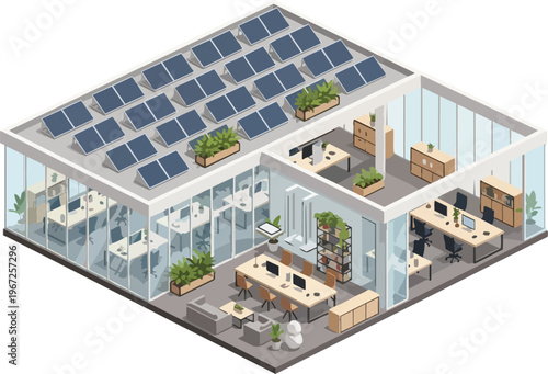 Isometric Modern Eco-Friendly Office Building with Rooftop Solar Panels and Green Workspace Interior