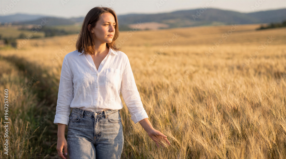 Naklejka premium Young woman walking through a golden wheat field at sunset, gently touching the crops with her hand