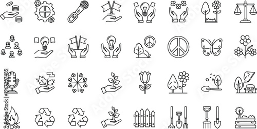 Sustainable Development and Environmental Icon Set with Recycling, Nature, Peace, Growth, and Eco-Friendly Symbols for Green Design and Campaigns