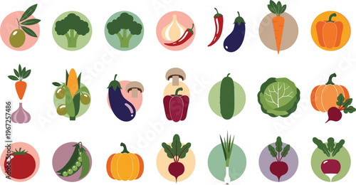 Vegetable Icon Set Featuring Broccoli, Carrot, Pepper, Tomato, and More for Healthy Eating, Organic, and Farm Designs