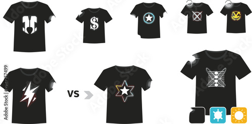 T Shirt Graphic Comparison Illustration with Design Variations, Print Effects, Lighting Impact and Apparel Visualization for Fashion Branding and Merchandising