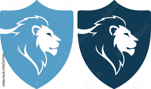 Two lion head logos on blue shields with
