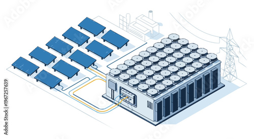 Solar Power Farm with Battery Energy Storage System BESS and Electrical Grid Infrastructure, Isometric Technical Illustration of Renewable Green Energy Concept