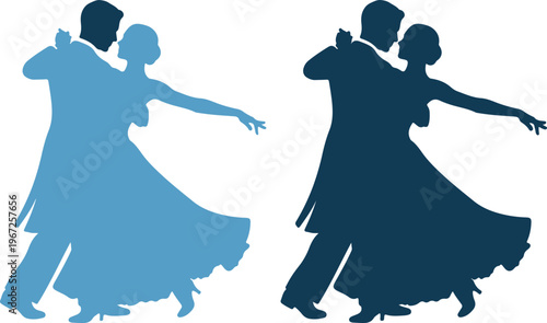 Silhouettes of couple dancing together in ballroom dance style