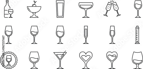 Wine and Beverage Line Icon Set with Glasses, Bottle, Cocktail, Champagne, Toast, and Drink Symbols for Bar Menu, Restaurant, and Celebration Design