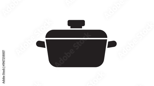 Pot icon with handles and lid, simple flat design, isolated on white background, culinary cooking illustration.