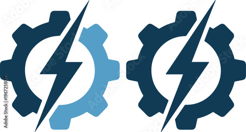 Two gear icons with lightning bolts in blue colors