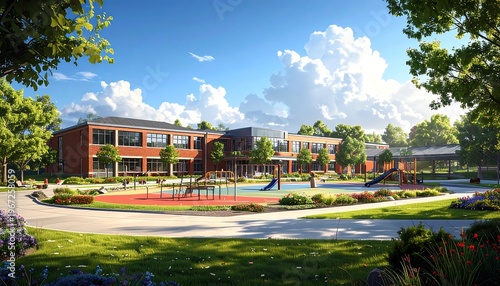 A serene school campus with red brick buildings and lush greenery