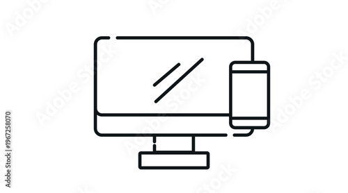 Desktop computer and smartphone line vector icon, multi-device synchronization and responsive design concept, isolated on white background.