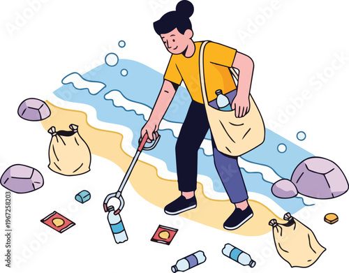 Young Woman Volunteering to Clean Up Plastic Pollution on Beach Illustration. Female Activist Picking Up Litter to Save the Ocean and Environment. Flat Vector Style Design.