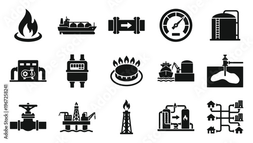 
Oil and gas industry glyph icon set for energy production, pipeline infrastructure, petroleum refining, and fuel supply UI design