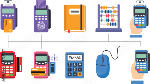 Flat design business icon set with colorful credit card terminals abacus calculator and accounting tools for retail payment processing and financial management.