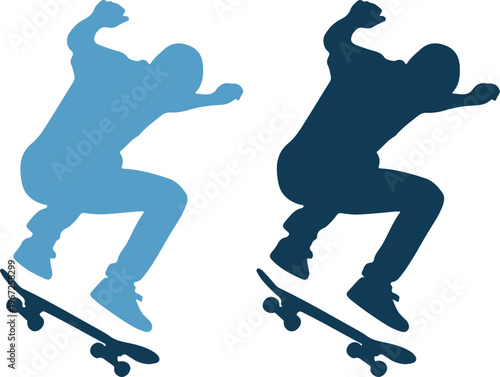 Two skateboarders in blue silhouettes performing tricks