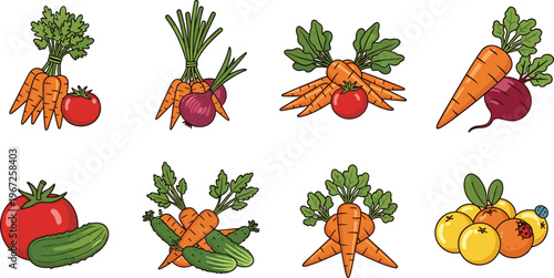Fresh Organic Vegetable Collection Featuring Carrot Tomato Onion Cucumber Beetroot And Fruit Harvest Elements Healthy Food Illustration Set