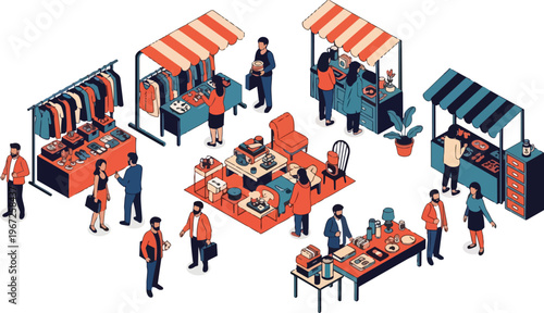 Isometric Flea Market and Street Fair Illustration with People Shopping at Vintage Clothing and Home Decor Stalls in a Vector Style
