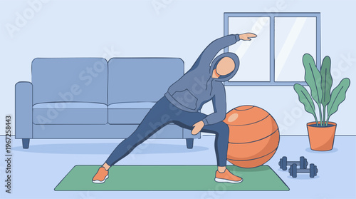 Home workout: Person stretching in living room with fitness equipment