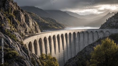 arched bridge over lake and mountains
