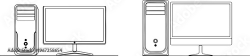 Two computer setups monitors and towers in a minimalist line drawing