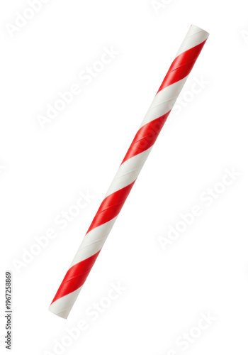 Close-up of a festive paper straw with a red and white candy cane spiral pattern, isolated on a transparent background. Holiday party supplies concept