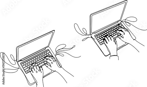 Sketch of two laptops with abstract floral designs black and white
