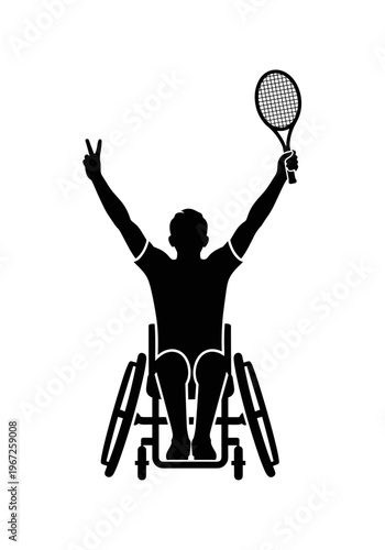 Inclusive wheelchair tennis athlete celebrating victory silhouette vector icon