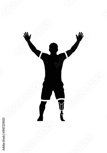 Inclusive athlete with prosthetic leg celebrating victory silhouette vector icon