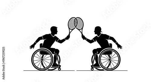 Inclusive wheelchair tennis players competition silhouette vector icon
