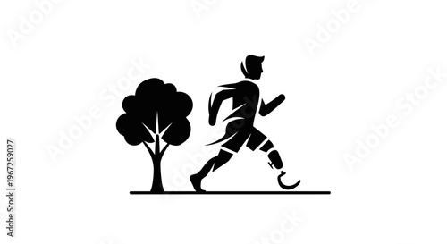 Inclusive sport running athlete with prosthetic leg in park vector silhouette illustration