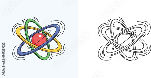 Spinning atom icon with nucleus and electron orbits. Colored and black and white outline vector illustrations for science, physics and chemistry design.