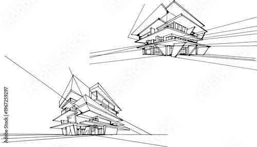 Sketch of mountain chalet and pine tree in black and white