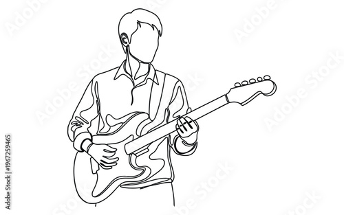 A Man Playing an Electric Guitar with Focus and Precision in His Musical Performance