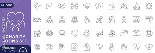 Charity icons set. icons related of charity caring for the elderly, helping homeless animals, donation, Etc. Editable stroke.