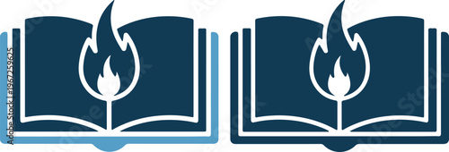 Two open book icons with flame