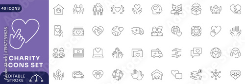 Charity icons set. icons related of charity caring for the elderly, helping homeless animals, donation, Etc. Editable stroke.