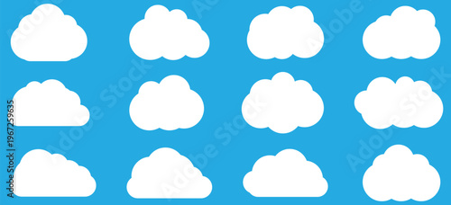Clouds set isolated on a blue background. White abstract cloud illustration set. Cute fluffy, bubbly clouds collection. 