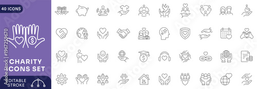 Charity icons set. icons related of charity caring for the elderly, helping homeless animals, donation, Etc. Editable stroke.